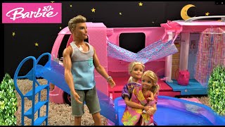 Barbie and Ken Overnight Camping Trip with Barbie Camper Routine and Barbie Sister Chelsea in a Pool