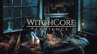 WitchCore 🌿Thunderstorm Night in the Forest Cabin / Cats, Herbs, Fireplace and Rain + Soft Music
