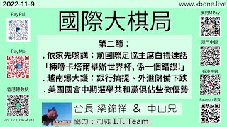 第二節：. 依家先嚟講：前國際足協主席白禮達話「揀喺卡塔爾舉辦世界杯, 係一個錯誤!」. 越南爆大鑊：銀行擠提、外滙儲備下跌 . 美國國會中期選舉共和黨俱佔些微優勢《國際大棋局》2022-11 -09