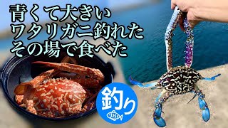 釣り　青くて大きなワタリガニが釣れた　そのまま港で食べた　タイワンガザミ