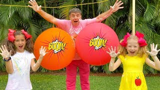 Nastya and dad are popping balls with surprises