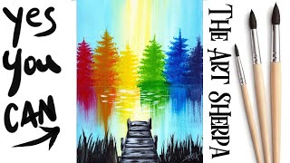 Rainbow Trees 🌲🌈 Lake and Pier | Easy Acrylic Painting STEP BY STEP  #8 | The Art Sherpa