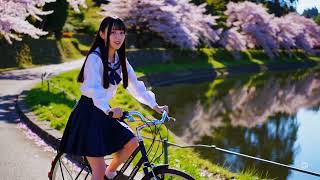 A Japanese high school girl riding a bicycle along a riverbank.