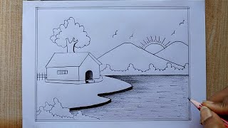 Pencil drawing| Easy Landscape scenery drawing| Village scenery drawing| House,tree,sun,bird,hill