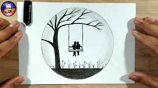 Comment dessiner un paysage, un arbre et des enfants sur une balançoire