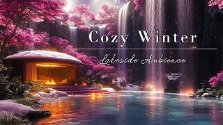 Tranquil Lakeside In Winter Day | Relaxing Music In Lakeside With Snow Falling \u0026 Crackling Firepl...