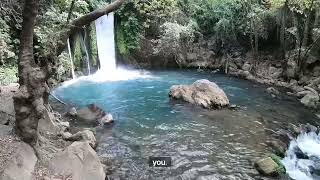 Waterfall in Israel near Syria. Ancient Caesarea Philippi. Calm place of prayer