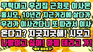 [카카오실화사연모음]무턱대고 우리집 근처로 이사온 홀시모.십년간 지근거리에 살다가 우리가 이사간다니 또 따라 이사온다고?지긋지긋해! 시모고 나발이고 싫어! 아들 데리고 가!