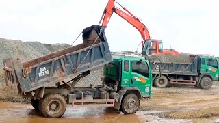 New project, KOBELCO SK75UR excavator scoops land. Collection of excavators and dump trucks