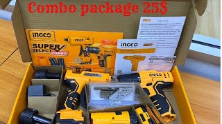 Unboxing , INGCO Cordless Drill (CDLI12208), In a 4-Piece Tool Combo Set COSLI22121,  headlamp...etc