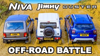 LADA Niva v Suzuki Jimny Dacia Duster: OFF-ROAD RACE & BATTLE!