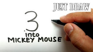 VERY EASY , How to turn number 3 into mickey mouse cartoon / how to draw mickey mouse disney