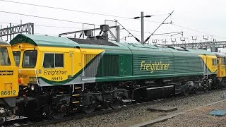 Freightliner 86632 \u0026 86612 with Reliveried Powerhaul 66416 departing Crewe 1/8/2014