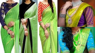 Parrot Green Saree Contrast Blouse Designs 2024 / Parrot Green Saree Matching Blouse Ideas 2024