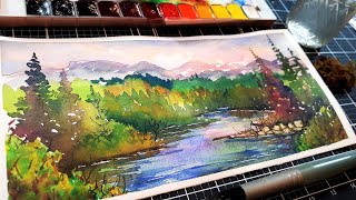 Easy Watercolor Paint-Along! Glowing Mountain Landscape