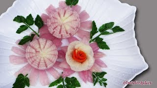 Ornament of Onion, Radish & Carrot Flower Carving Garnish - Art in Vegetable Designs