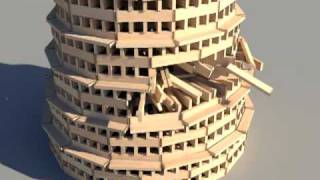 KEVA planks round tower build and destroy using Bullet Physics Engine