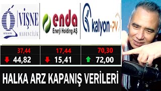 Halka Arz Kapanış Verileri - Vişne Madencilik - Enda Enerji - Kalyon Güneş Panelleri