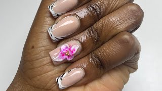 Short white French nails with a 3D gel flower ❤️