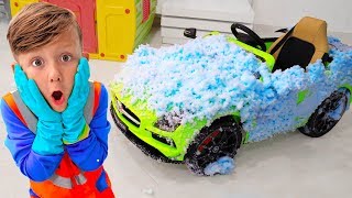 Senya and his friend pretend play opening a car wash.