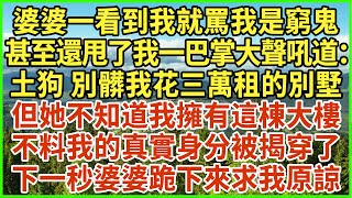 婆婆一看到我就罵我是窮鬼，甚至還甩了我一巴掌大聲吼道：土狗 別髒我花三萬租的別墅！但她不知道我擁有這棟大樓，不料我的真實身分被揭穿了，下一秒婆婆跪下來求我原諒！#生活經驗 #情感故事 #深夜淺讀