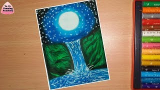 Moonlight Waterfall scenery drawing for beginners with Oil Pastels - step by step very easy