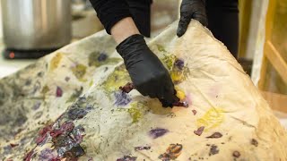 She uses her dog's ashes & her "dye garden" to create art
