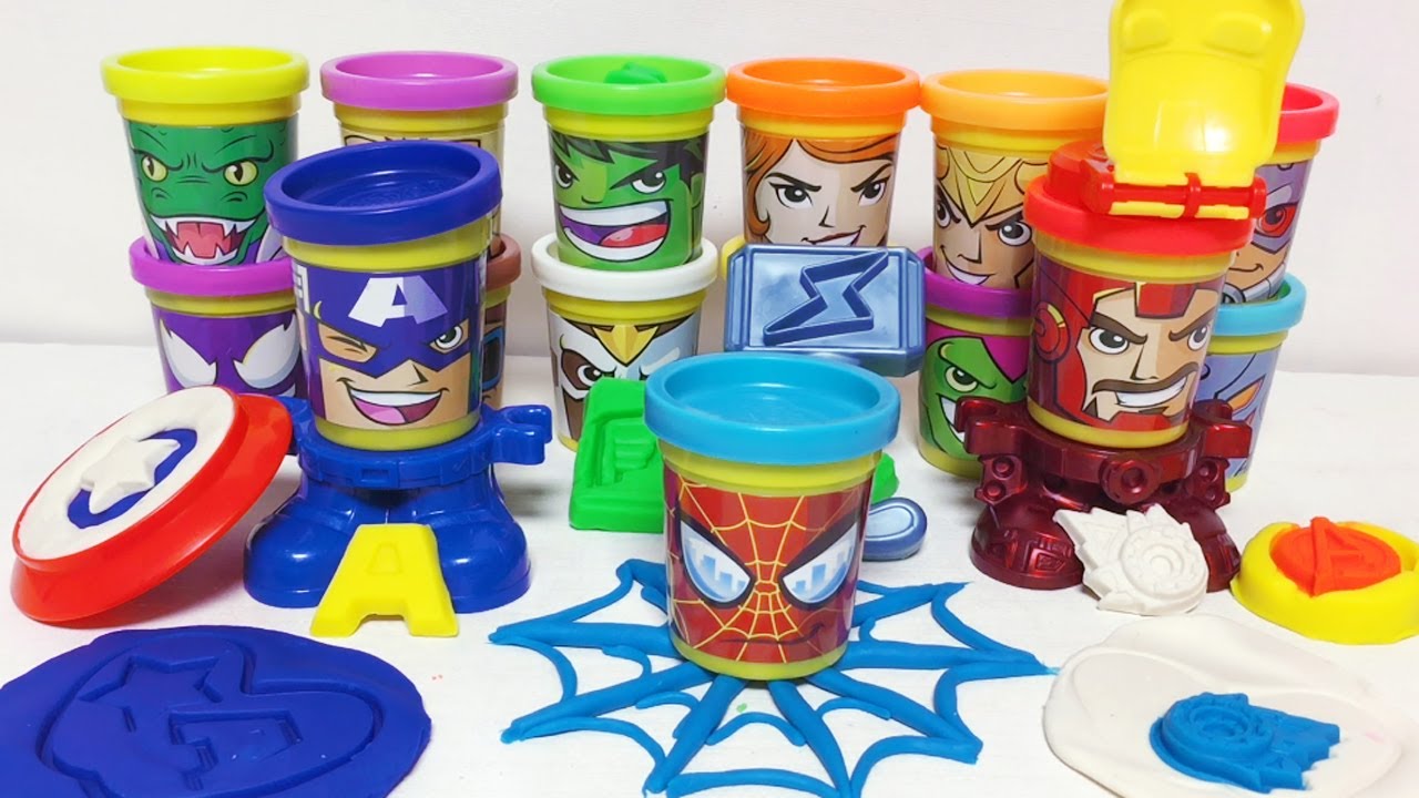 Play Doh Can Heads Marvel Avengers Hulk, Iron Man, Spiderman, Venom ...