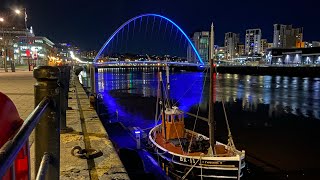 Night walking at Quayside Millennium Bridge and Tyne Bridge Newcastle upon Tyne - England [4K]