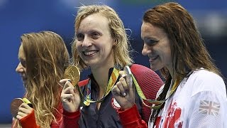 Katie Ledecky wins 800-metres freestyle, completes rare Olympic swimming treble