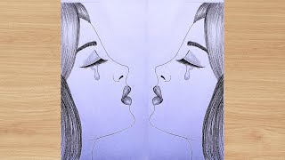 Crying girl drawing step by step || Circle drawing for beginners || How to draw a sad girl with mask