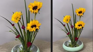 56 🌻 Sunny Elegance: Ikebana Floral Mastery with Three Radiant Sunflowers 🌻