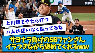 【にっこり】サヨナラ負けのSBファンさん、イラつきながら褒めてくれる【なんJ反応】【なんJ反応】