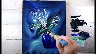 How to paint beautiful blue glass vase with white flowers / Oval Brush Technique / Still Life