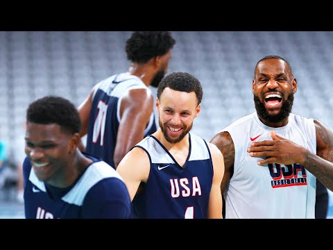 Entrenamiento del equipo de baloncesto de EE. UU. antes del primer partido de los Juegos Olímpicos de 2024