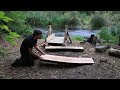 building a bushcraft sawmill to build a log cabin for survival in the wild catch and cook