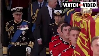 King Charles walks behind the Queen's Coffin at Her State Funeral