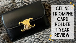 CELINE Card Holder with Flap Triomphe in Shiny Black Calfskin | 1 Year Review + Wear and Tear