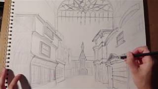 Sketching Concepts: Diagon Alley in 1 Point Perspective