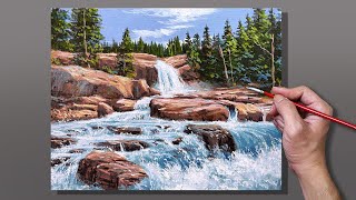 Acrylic Painting Flowing Waterfall Stream