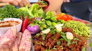 Thaifood ASMR ก้อยปลาทูน่า แหนมหนังหมู หอมข้าวคั่วพริกป่น Koi Tuna,Pork Skin Sausage MUKBANG show