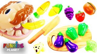 Feeding Mr. Play Doh Head Toy Velcro Cutting Vegetables & Fruit Surprise Toys Opening!