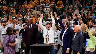 The Boston Celtics Receive The Bob Cousy Trophy As The NBA Eastern Conference Ch
