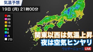 関東以西は気温上昇 夜は空気ヒンヤリ