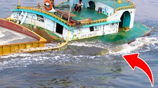 OMG! The Sand-laden Ship Is Overloaded Trying To Cross Dangerous Fast Water At A Furious Speed