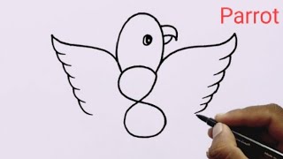 How to Draw Beautiful Bird From Number 8 / Parrot Drawing Easy / Flying Bird Drawing / Bird Drawing