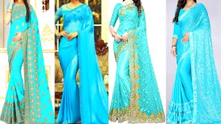 🌼🍁🌼Latest Sky Blue Saree Design || Designer Royal Sky Blue Saree || Nisha Fashion Ideas