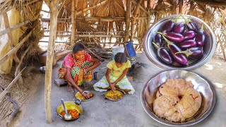 FISH EGG curry with BRINJAL recipe cooking and eating by our santali tribe grand
