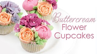 How to Pipe Buttercream Flower Bouquet Cupcakes - Roses, Peonies & Hydrangea Piping Techniques