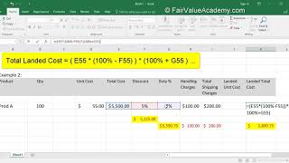 Excel 5 1 3 How to Compute Landed Cost    another example of complex formula using brackets